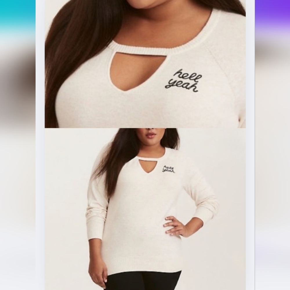 Torrid 1 Cream Hell Yeah Cut Out Sweater 1X Cotton Lightweight Fun Cute 2616-p